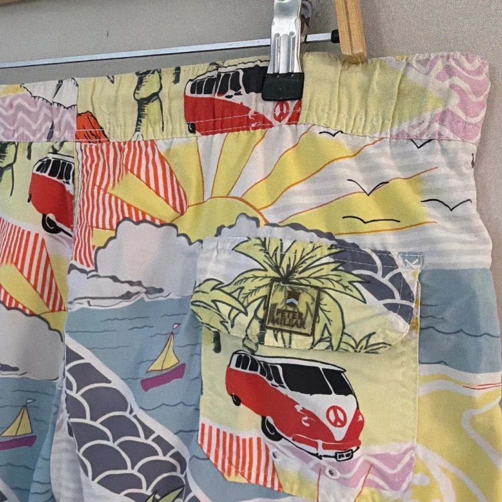 Peter Millar Men Large Swim Trunk VW Bus Beach Scene Multicolor Nylon Mesh Lined